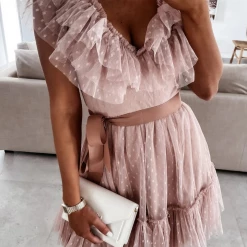 Levency New In Dot Mesh V Neck Cake Skirt Dresses