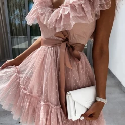 Levency New In Dot Mesh V Neck Cake Skirt Dresses