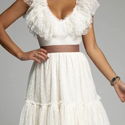 Levency New In Dot Mesh V Neck Cake Skirt Dresses