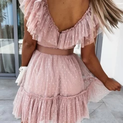 Levency New In Dot Mesh V Neck Cake Skirt Dresses