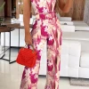 Levency Floral Plants Print Wide Leg Jumpsuit With Belt New In