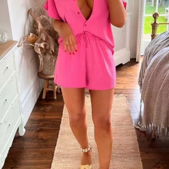 Levency New In Turndown Collar Short Sleeve Shirt Shorts Set