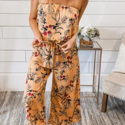 Levency Floral Strapless Wide Leg Jumpsuits New In