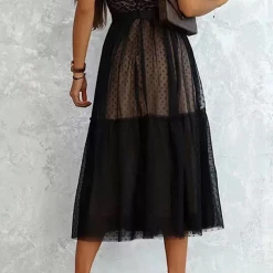 Levency V Neck Polka Dot Lace Mesh Slip Dress