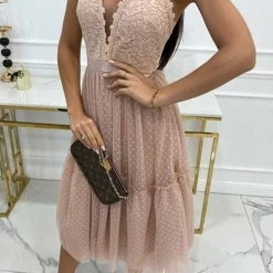 Levency V Neck Polka Dot Lace Mesh Slip Dress