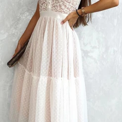 Levency V Neck Polka Dot Lace Mesh Slip Dress