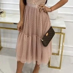 Levency V Neck Polka Dot Lace Mesh Slip Dress