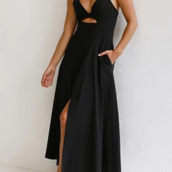 Levency Cut Out Backless V Neck Maxi Dress
