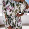 Levency Ruffles Floral Off Shoulder Slit Sleeve Mini Dress
