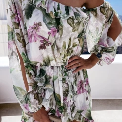 Levency Ruffles Floral Off Shoulder Slit Sleeve Mini Dress