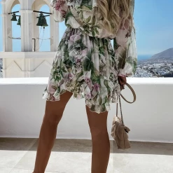 Levency Ruffles Floral Off Shoulder Slit Sleeve Mini Dress
