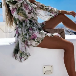 Levency Ruffles Floral Off Shoulder Slit Sleeve Mini Dress