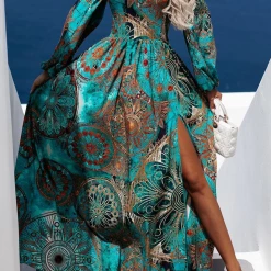 Levency Print Off Shoulder Slit Maxi Dress New In