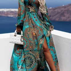 Levency Print Off Shoulder Slit Maxi Dress New In