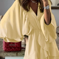 Levency Ruffle Bat Sleeve V Neck Button Mini Dress New In