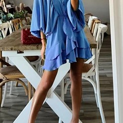 Levency Ruffle Bat Sleeve V Neck Button Mini Dress New In