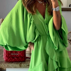 Levency Ruffle Bat Sleeve V Neck Button Mini Dress New In