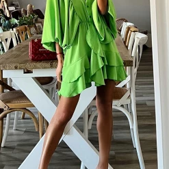 Levency Ruffle Bat Sleeve V Neck Button Mini Dress New In