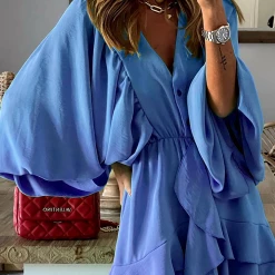 Levency Ruffle Bat Sleeve V Neck Button Mini Dress New In