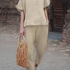 Levency New In Solid Ruffles Hem Blouse Pants Set