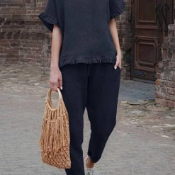 Levency New In Solid Ruffles Hem Blouse Pants Set