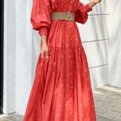 Levency Button Puff Sleeve Maxi Dress