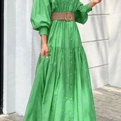 Levency Button Puff Sleeve Maxi Dress