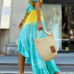 Levency Print Ruffles Irregularity Wrap Maxi Dress