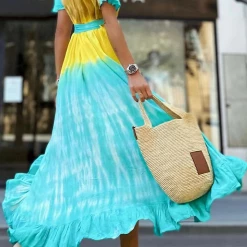 Levency Print Ruffles Irregularity Wrap Maxi Dress