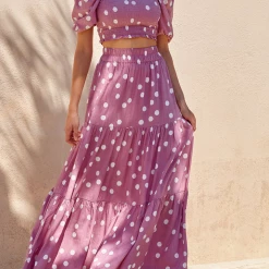 Levency Dot Puff Sleeve Crop Maxi Skirts Set New In