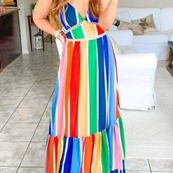 Levency New In Rainbow Stripe Backless Slip Maxi Dress