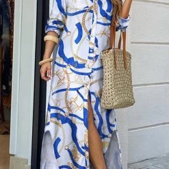 Levency Print Button Long Sleeve Shirt Dress New In