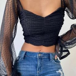 Levency Mesh Puff Sleeve Crop Top