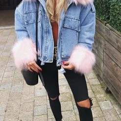Levency Detachable Fuzzy Faux Fur Collar Denim Coat New In 44 Levency Detachable Fuzzy Faux Fur Collar Denim Coat New In