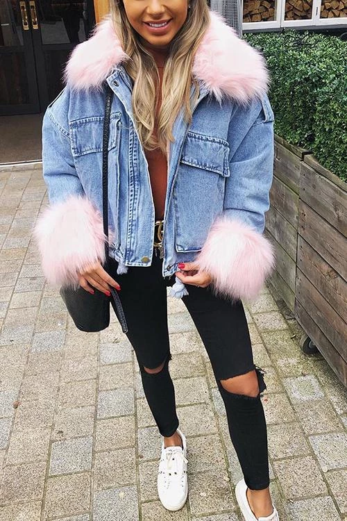 Levency Detachable Fuzzy Faux Fur Collar Denim Coat New In 5 Levency Detachable Fuzzy Faux Fur Collar Denim Coat New In