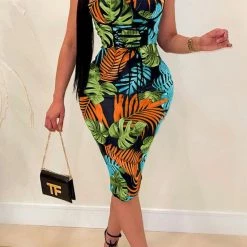 Levency New In Bandage Leaf Print Sleeveless Midi Dress