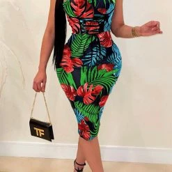 Levency New In Bandage Leaf Print Sleeveless Midi Dress