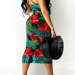 Levency New In Bandage Leaf Print Sleeveless Midi Dress