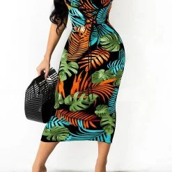 Levency New In Bandage Leaf Print Sleeveless Midi Dress