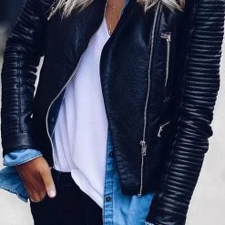 Levency Zipper Slim Leather Jackets New In