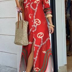 Levency Print Button Long Sleeve Shirt Dress New In