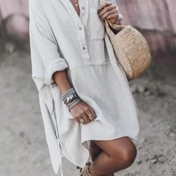 Levency New In Button Pockets Drawstring Waist Dress