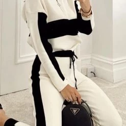 Levency New In Color Block Zipper Drawstring Hoodie Pants Set