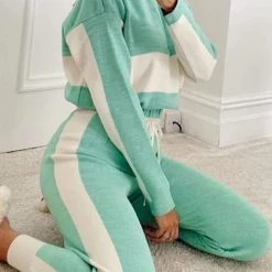 Levency New In Color Block Zipper Drawstring Hoodie Pants Set