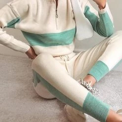 Levency New In Color Block Zipper Drawstring Hoodie Pants Set