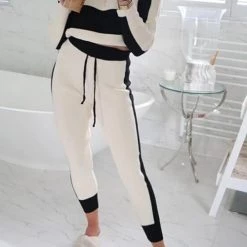 Levency New In Color Block Zipper Drawstring Hoodie Pants Set