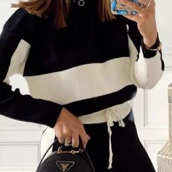 Levency New In Color Block Zipper Drawstring Hoodie Pants Set