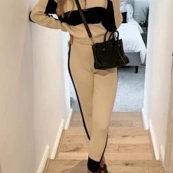 Levency New In Color Block Zipper Drawstring Hoodie Pants Set