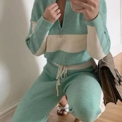 Levency New In Color Block Zipper Drawstring Hoodie Pants Set