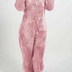 Levency Fuzzy Hoodie Collar Jumpsuit Pajamas